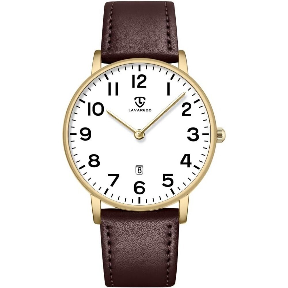 Men's Coffee- White Leather Strap Analog Minimal Simple Stylish Buckle Watch